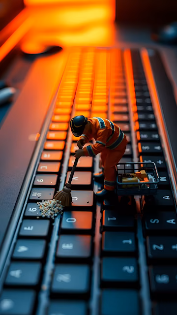Mini Worker Sweeping Crumbs on Glowing Orange Keyboard - Free 4K & 8K Mobile Wallpaper