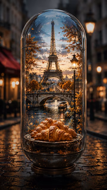 Miniature Paris Autumn Landscape with Croissants in Glass Capsule - Free 4K & 8K Mobile Wallpaper