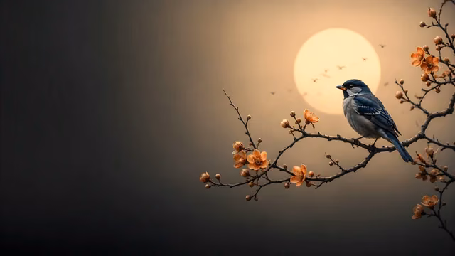 A stylized blue bird sits on a branch with orange autumn flowers against a large pale sun.