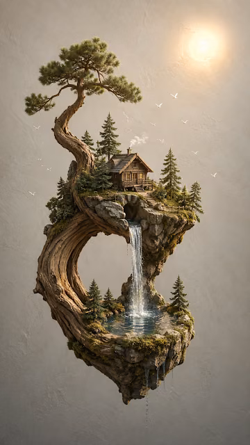 Minimalist Bonsai Styled Floating Island with Cabin and Waterfall - Free 4K & 8K Mobile Wallpaper