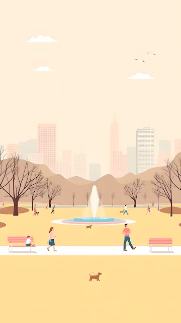 Minimalist City Park Illustration with Fountain and Skyline - Free 4K & 8K Mobile Wallpaper