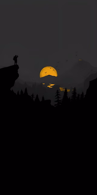 Minimalist Dark Forest Hiker Silhouette Yellow Moon Landscape Art - Free 4K & 8K Mobile Wallpaper