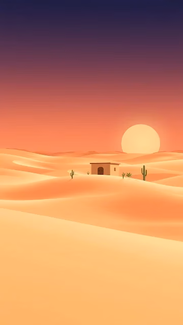 Minimalist Desert Landscape with Adobe House and Sunset - Free 4K & 8K Mobile Wallpaper
