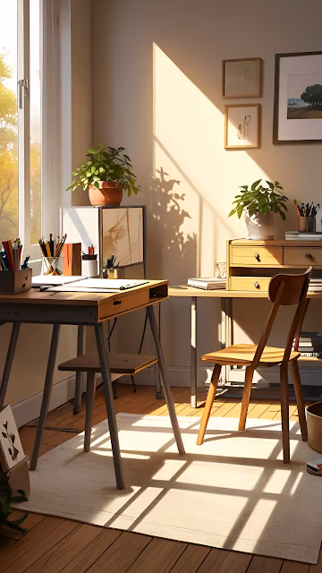Minimalist Home Office Sunlight Shadows Cozy Interior Design - Free 4K & 8K Mobile Wallpaper