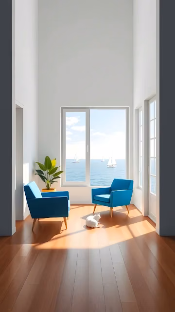 Minimalist Interior with Blue Armchairs and Ocean View - Free 4K & 8K Mobile Wallpaper