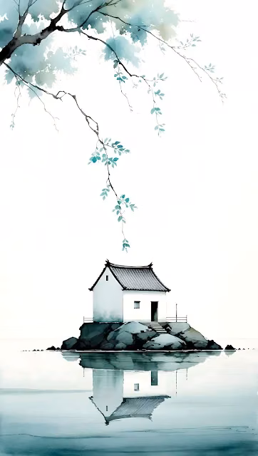 Minimalist Japanese House Watercolor Reflection - Free 4K & 8K Mobile Wallpaper