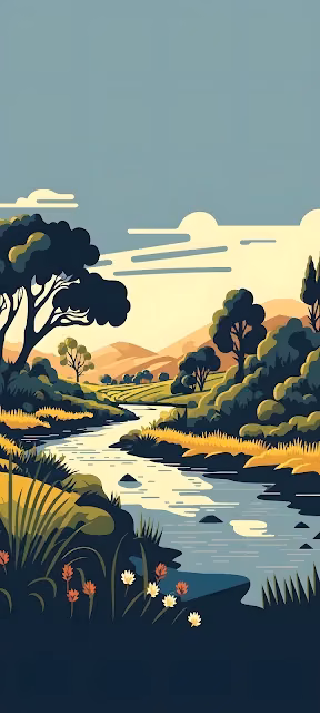 Minimalist Landscape Illustration of River and Rolling Hills - Free 4K & 8K Mobile Wallpaper