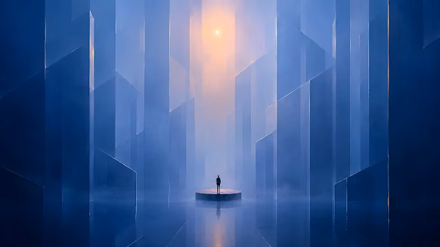 Silhouette of a person standing on a round pedestal in a vast misty hall filled with blue geometric monoliths.