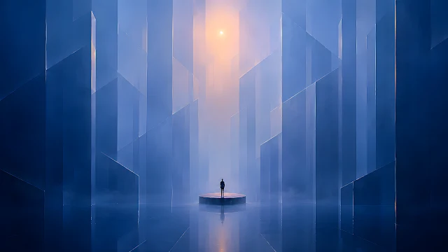 Solitary figure stands on a circular platform inside a massive blue geometric pillar hall. Silhouette of a person standing on a round pedestal in a vast misty hall filled with blue geometric monoliths.