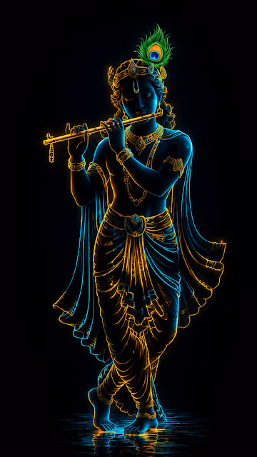 Minimalist Neon Line Art of Lord Krishna with Flute - Free 4K & 8K Mobile Wallpaper
