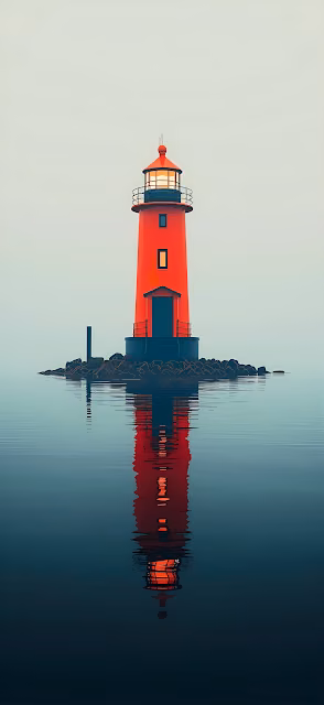Minimalist Red Lighthouse on Rocks with Water Reflection - Free 4K & 8K Mobile Wallpaper