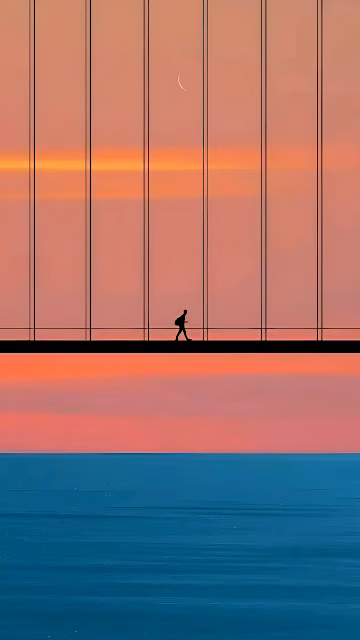 Minimalist Silhouette Bridge Walk Pink Sky Teal Water - Free 4K & 8K Mobile Wallpaper