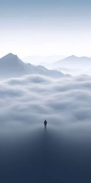 Minimalist Solitude Man Walking Above Foggy Mountains - Free 4K & 8K Mobile Wallpaper