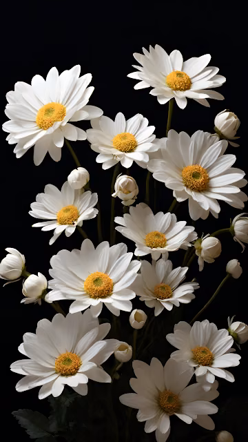 Minimalist White Daisies Bouquet on Deep Black Background - Free 4K & 8K Mobile Wallpaper