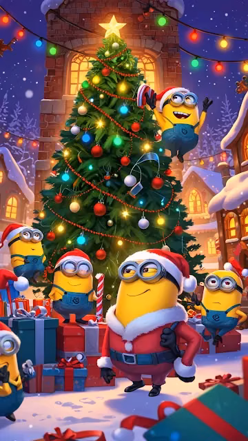 Minions Celebrating Christmas Around Giant Tree in Snow - Free 4K & 8K Mobile Wallpaper