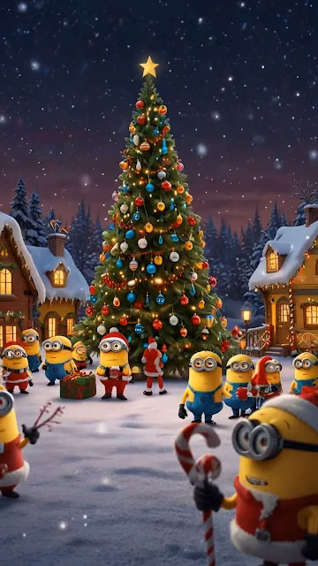Minions Celebrating Christmas Around Giant Tree in Snow - Free 4K & 8K Mobile Wallpaper