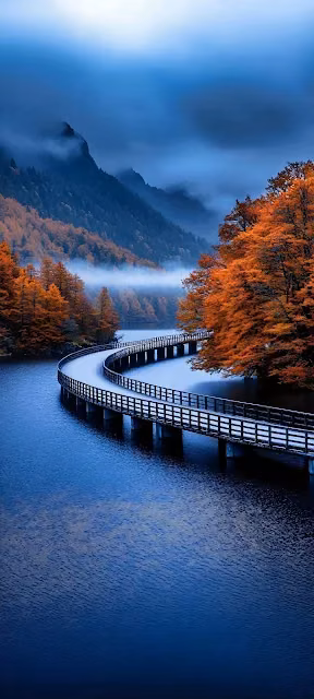 Misty Autumn Forest Bridge Over Blue Lake - Free 4K & 8K Mobile Wallpaper
