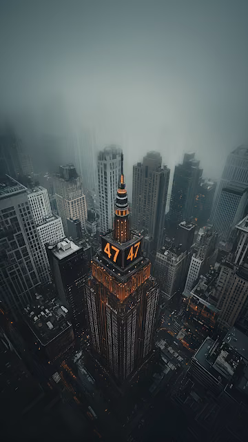 Misty City Skyline with Illuminated Skyscraper Tower - Free 4K & 8K Mobile Wallpaper