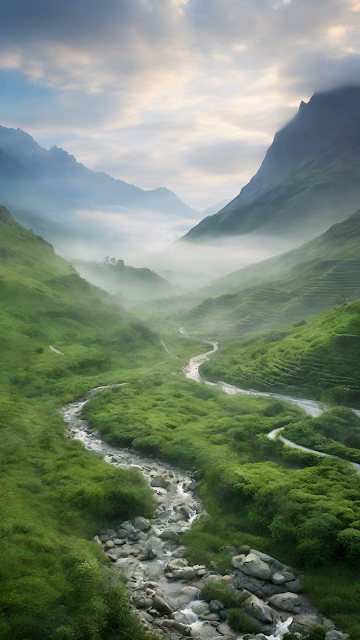 Misty Green Valley Stream and Lush Mountain Terraces - Free 4K & 8K Mobile Wallpaper