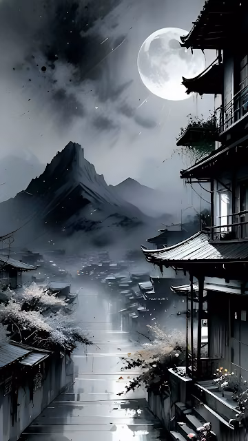 Misty Japanese Village Moonlight Ink Wash Mountain Scene - Free 4K & 8K Mobile Wallpaper