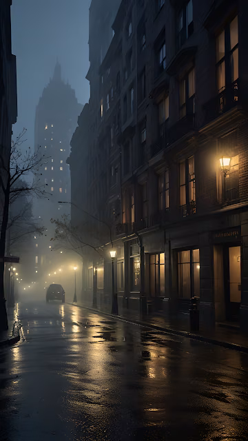 Misty Night Street with Glowing Lights and Wet Pavement - Free 4K & 8K Mobile Wallpaper