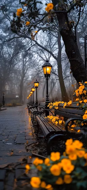 Misty Park Path with Glowing Lanterns and Flowers - Free 4K & 8K Mobile Wallpaper