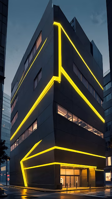Modern Building with Glowing Yellow Neon Lines at Night - Free 4K & 8K Mobile Wallpaper