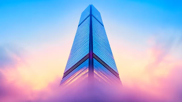 Modern glass skyscraper rises through pastel pink sunset clouds into clear blue sky. Low-angle view of a tall modern glass skyscraper rising through pink and purple clouds at sunset.