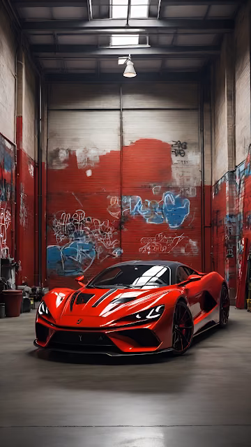 Modern Red Supercar in Gritty Industrial Garage Graffiti - Free 4K & 8K Mobile Wallpaper
