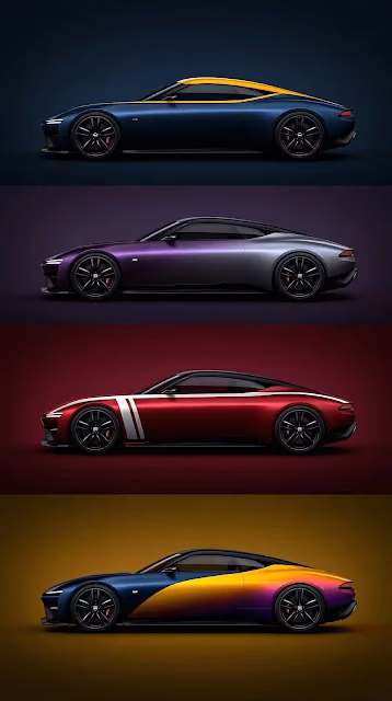 Four side profile views display a modern sports coupe concept in four distinct color schemes. Side profile views of four sleek sports coupes in blue, purple, red, and sunset gradient paint finishes.