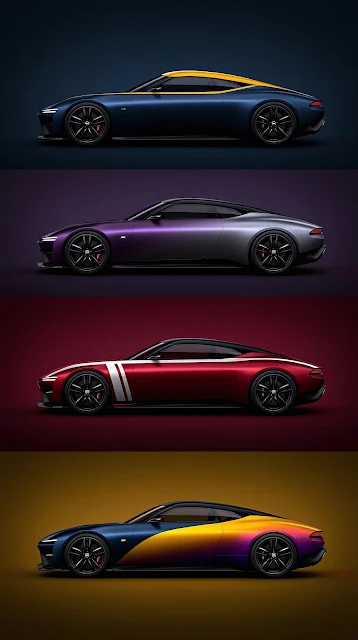 Four side profile views display a modern sports coupe concept in four distinct color schemes. Side profile views of four sleek sports coupes in blue, purple, red, and sunset gradient paint finishes.