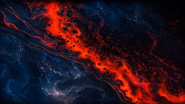 Abstract fluid texture of glowing molten red paint flowing through dark blue marbled swirls.