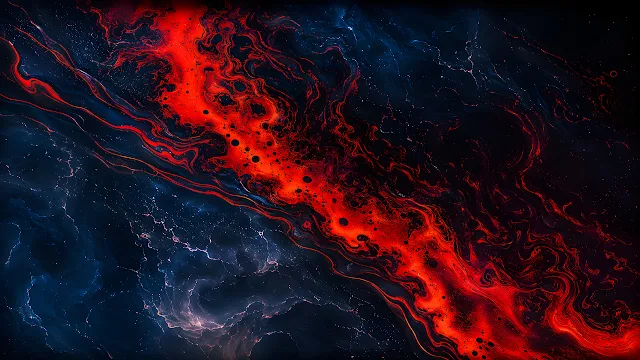 Vibrant red molten liquid swirls through dark blue textured fluid patterns. Abstract fluid texture of glowing molten red paint flowing through dark blue marbled swirls.