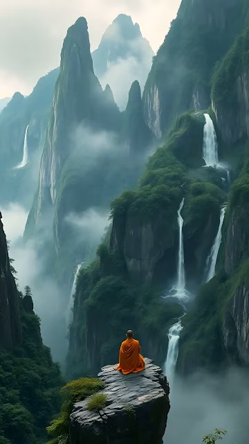 Monk Meditating Above Misty Waterfalls and Green Cliffs - Free 4K & 8K Mobile Wallpaper