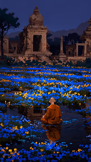 Monk Meditating in Blue Flower Field Ancient Temple Ruins - Free 4K & 8K Mobile Wallpaper