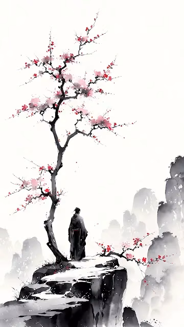 Monk Under Plum Blossom Tree in Ink Wash Landscape - Free 4K & 8K Mobile Wallpaper