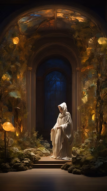 Monk in White Robe Standing Beneath Enchanted Arched Doorway - Free 4K & 8K Mobile Wallpaper