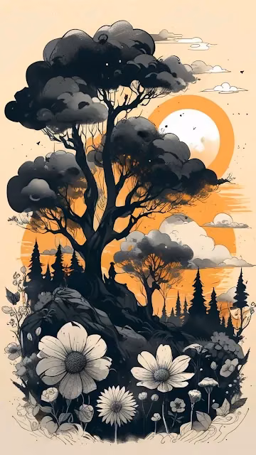 Monochromatic Forest Landscape with Orange Sun and Flowers - Free 4K & 8K Mobile Wallpaper