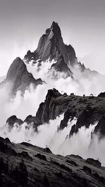 Monochromatic Ink Wash Mountain Peaks Digital Painting - Free 4K & 8K Mobile Wallpaper