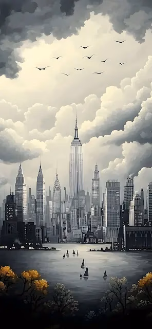 Monochromatic New York City Skyline Illustration - Free 4K & 8K Mobile Wallpaper