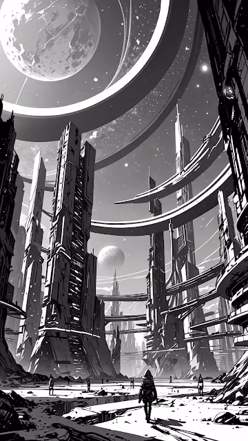 Monochromatic Sci-Fi Metropolis with Ringed Planet View - Free 4K & 8K Mobile Wallpaper