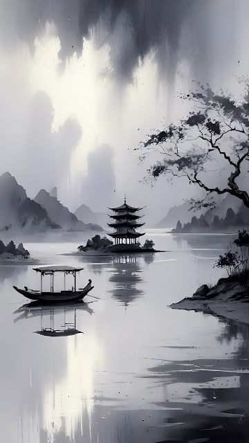Monochrome Asian Pagoda Landscape Sumi-e Ink Painting - Free 4K & 8K Mobile Wallpaper