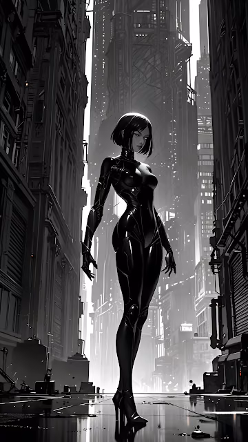 Monochrome Cyber Agent in Black Catsuit in Dystopian City - Free 4K & 8K Mobile Wallpaper