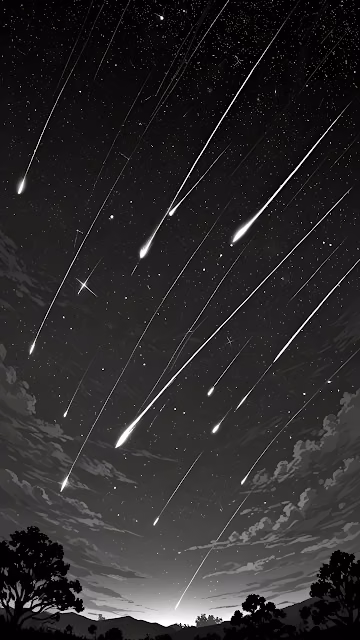 Monochrome Meteor Shower Night Sky Landscape Art - Free 4K & 8K Mobile Wallpaper