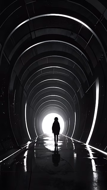 Monochrome Silhouette Walking Towards Light in SciFi Tunnel - Free 4K & 8K Mobile Wallpaper