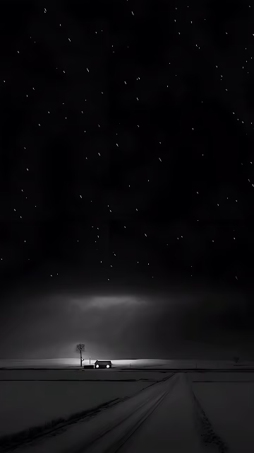 Monochrome Snowy Night Road Illuminated Cabin Minimalist Art - Free 4K & 8K Mobile Wallpaper