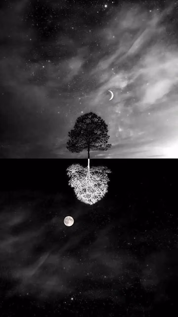 Monochrome Tree Reflection Under Dual Moon Night Sky - Free 4K & 8K Mobile Wallpaper