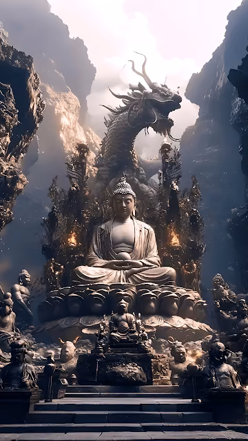 Monumental Buddha Statue Dragon Throne Spiritual Temple Art - Free 4K & 8K Mobile Wallpaper