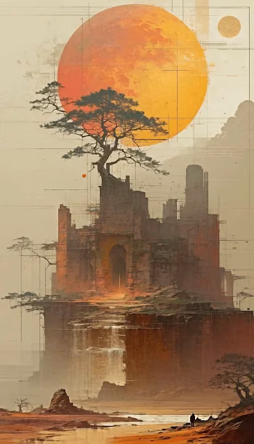 Monumental Desert Ruins with Giant Orange Sun and Bonsai Tree - Free 4K & 8K Mobile Wallpaper