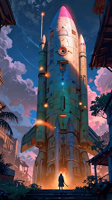 Monumental Spaceship Landing in Tropical Cyberpunk Town - Free 4K & 8K Mobile Wallpaper